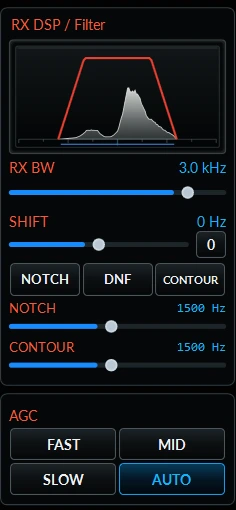 RX DSP panel with passband graphic, RX BW, shift, notch, DNF, contour and AGC buttons